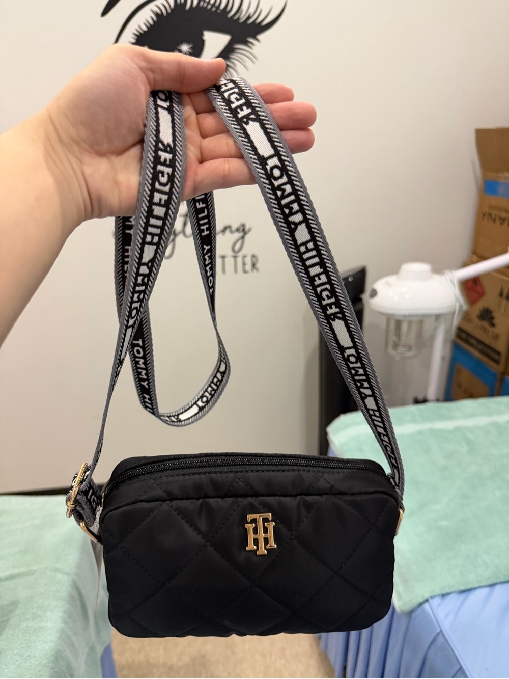 Tommy Hilfiger Black Quilted Crossbody Bag with Logo Strap